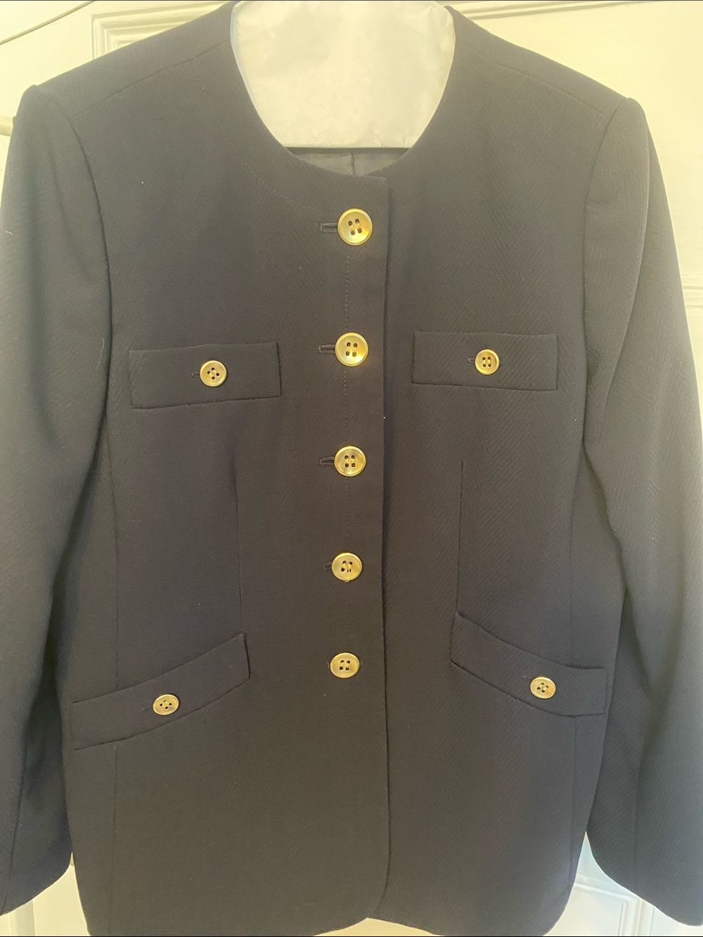 Kasper Petite pant suit including a Navy
Collarless Blazer with gold buttons.